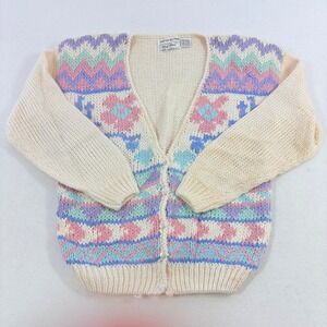 VTG 90s Cardigan Sweater Womens L Cream Pastel Floral Hand Knit Granny FLAW